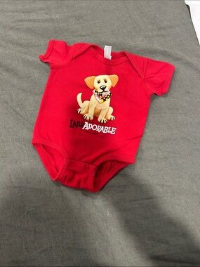 Red Baby Onesie with Puppy Graphic - "Labradorable"